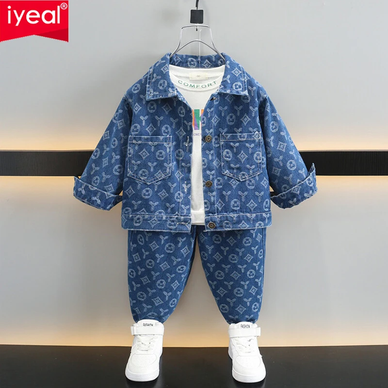 IYEAL New Boys' Denim Jacquard Suit Fashion Boys' Autumn Set  Childrens Denim Jacket + Trousers 2Pcs/set Kids Outfits