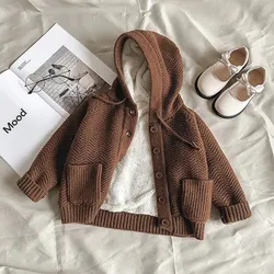 0-7Y Children's Sweater Coat Autumn and Winter New Girls' Baby Hooded Warm Cardigan Boys' Plush Thickened Coat