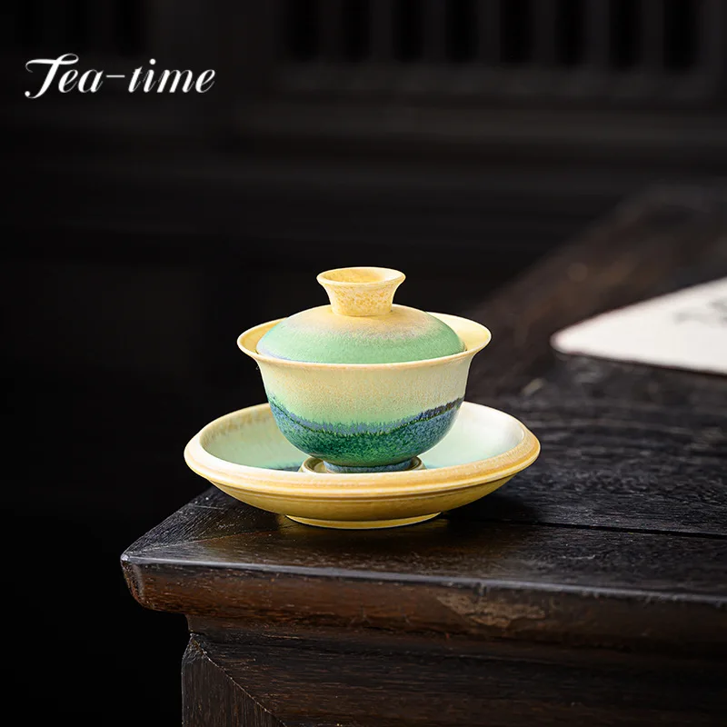 

150ml Kiln Change Green Hill Art Ceramic Gaiwan Tea Lid Set Tea Bowl with Saucer Lid Kit Tea Tureen Tea Maker Cover Bowl Tea Set