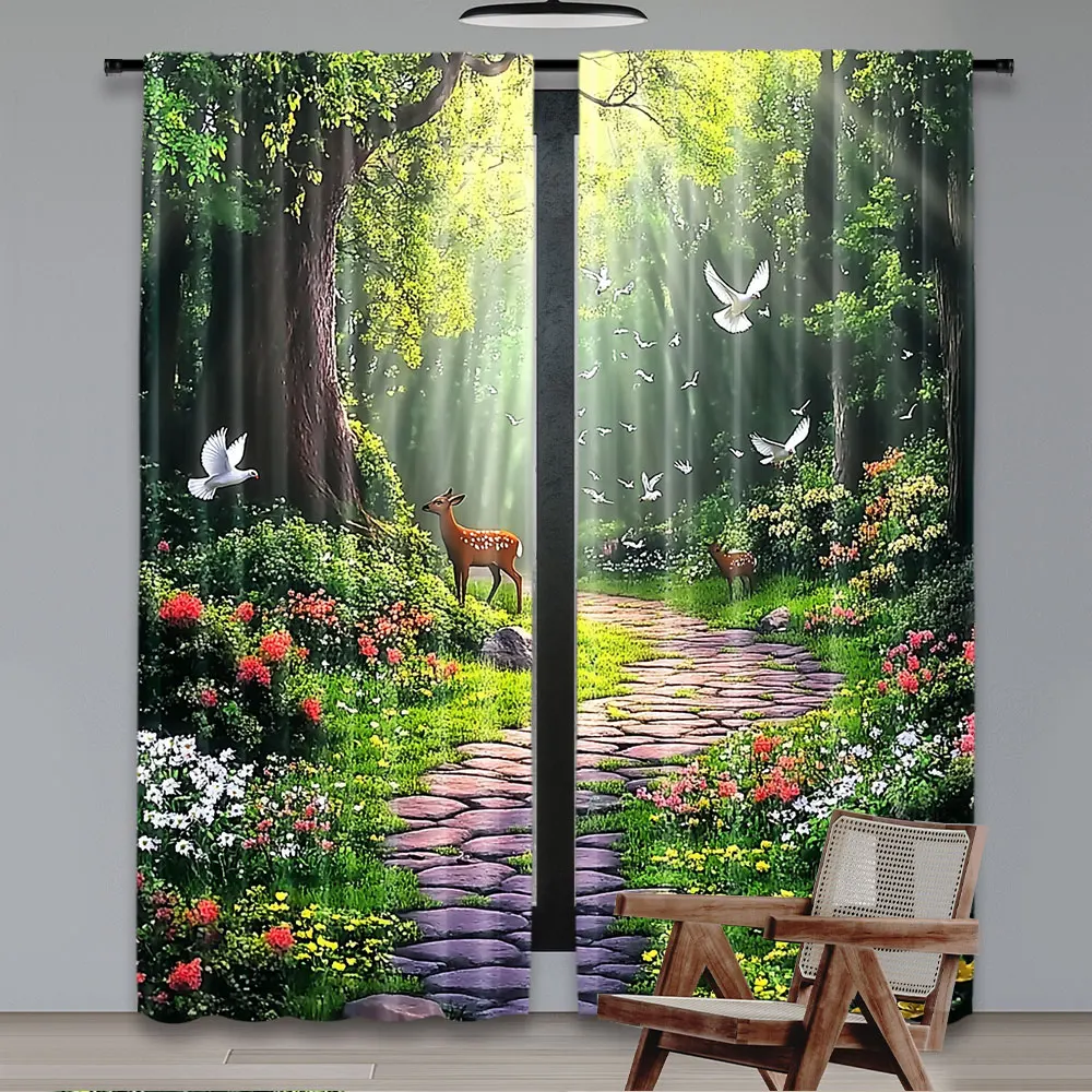 2Pcs Funny Deer Forest Green Leaves Curtain Perfect For Living Room Game Room Bedroom Kitchen Multi Scene Decorative Home Decor