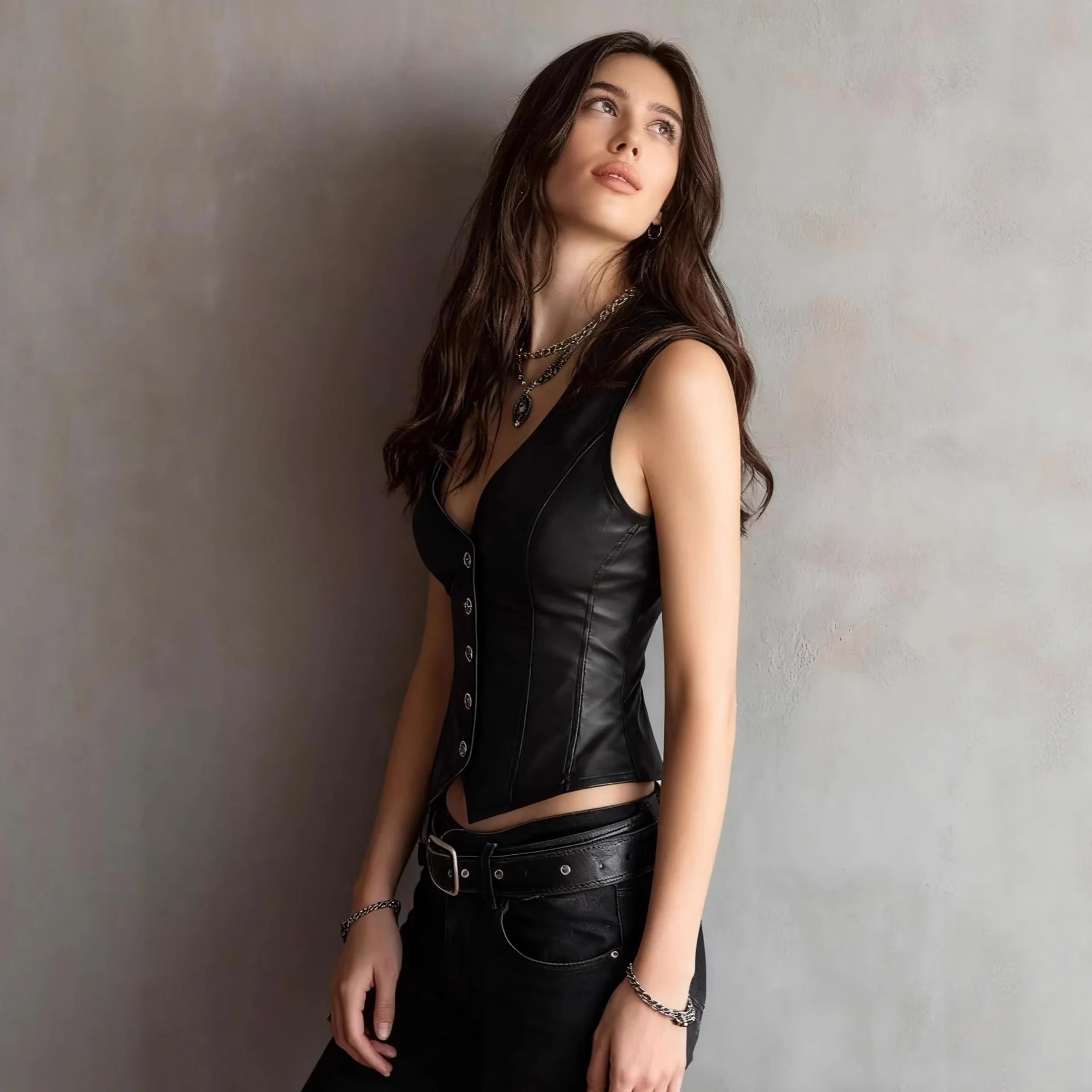 أسود بولي Leather جلد المحاصيل الأعلى المرأة الخامس الرقبة أكمام زر الخصر سترة قصيرة سترة معطف موضة نادي الحفلات سترات الشارع الشهير