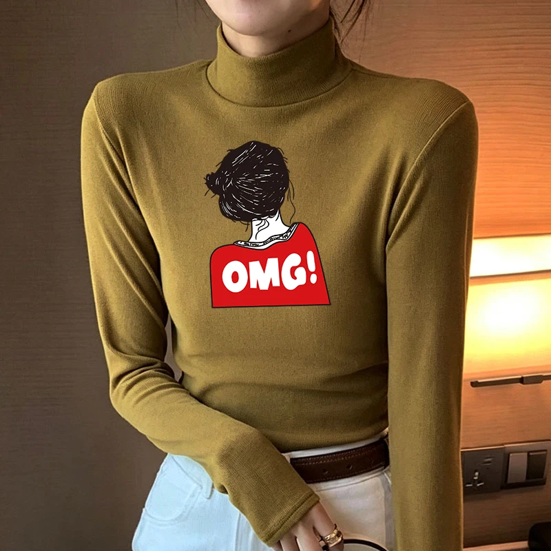 Winter Women's Thermal Brushed Fleece Half Mock Neck Long Sleeve T Shirt Fashion Young Girl Graphic Warm Slim Tee