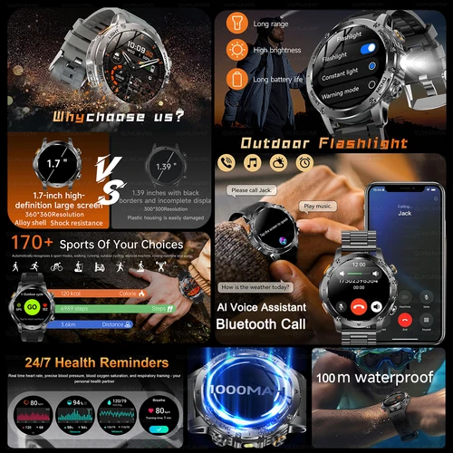 Imagen 2 del producto 2025 nuevo reloj inteligente militar 1000Mah batería seguimiento de Fitness 10ATM tácticas impermeables linterna deportiva pulsera de llamada para hombres