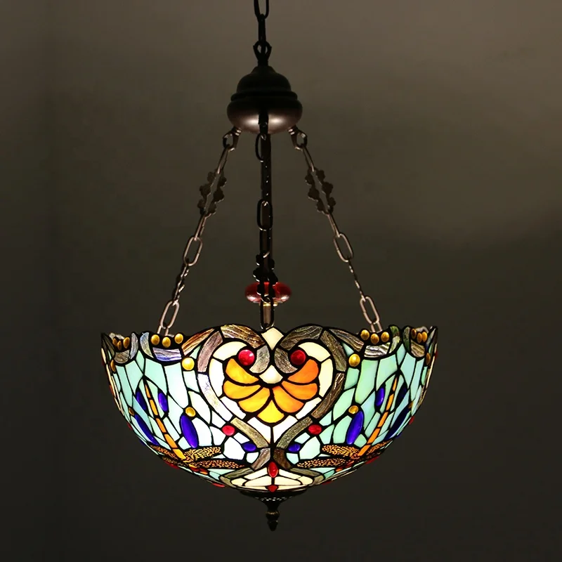 Style Inverted Ceiling Pendant Light Stained Glass Bead Decoration Chandelier Hanging Lamp LED Brass Finish