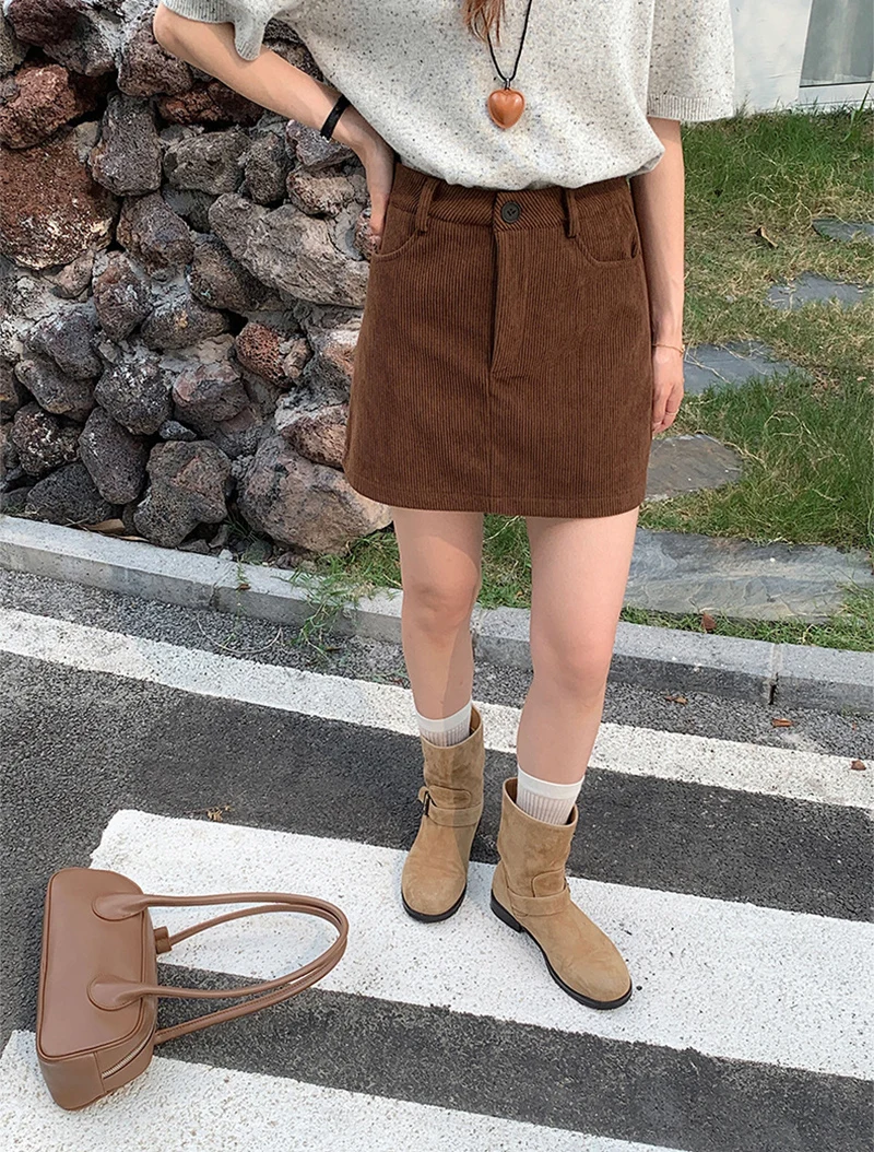 Grundlegende Hohe Taille Cord Mini Rock Frauen Herbst Neue Vintage College A-linie Röcke Tasche Koreanische Abnehmen Alle-Spiel Kurzen rock – Detail 13
