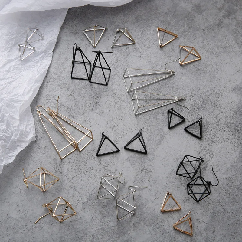 Europe and America Minimalist Punk Earrings Set for Women Geometric 3D Triangles Hollow Polygon Earrings Brincos Party Jewelry