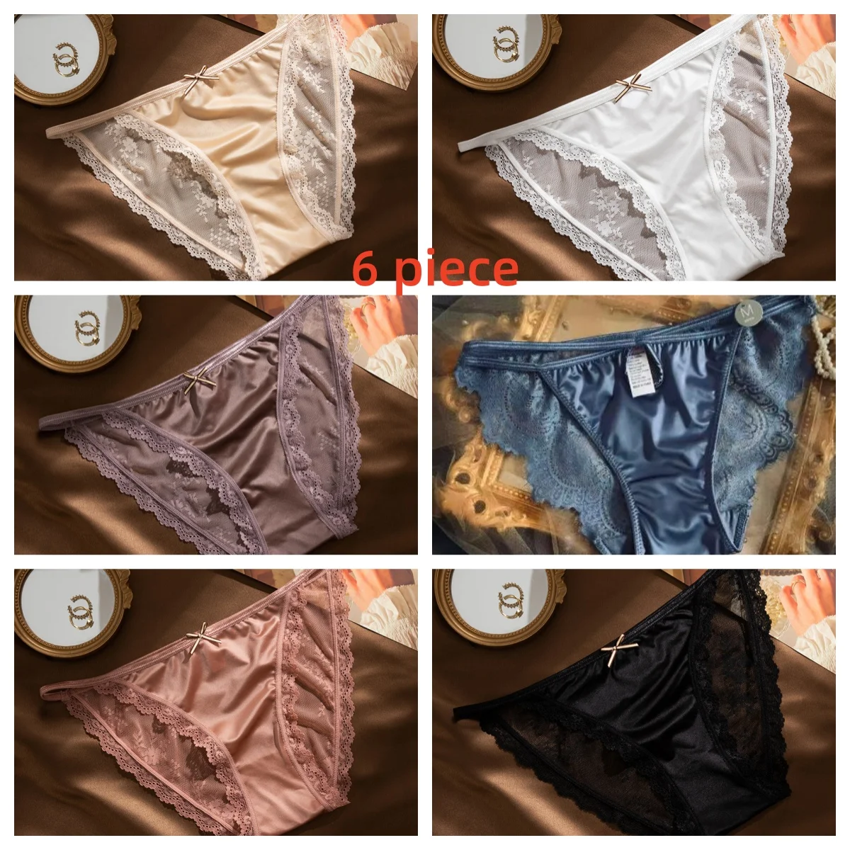 

Роскошное гладкое сексуальное кружевное нижнее белье из 6 предметов с тонкой лентой и низкой талией, хлопковые женские трусы с промежностью, всесезонные женские трусики
