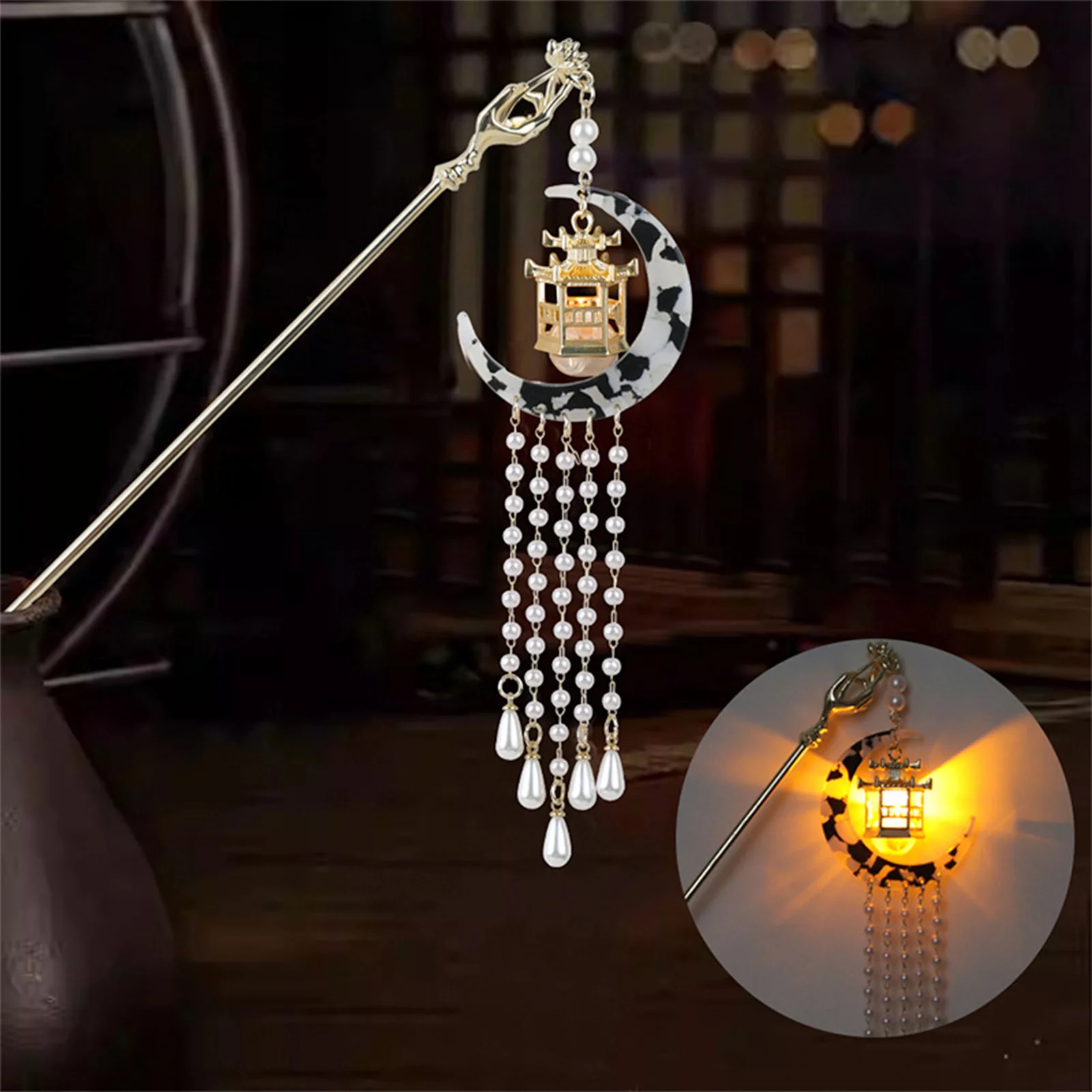 

Chinese Style Luminous Lantern Hair Sticks for Women Retro Moon Shape Tassel Hair Pin Clips Metal Hairpins Hair Accessories