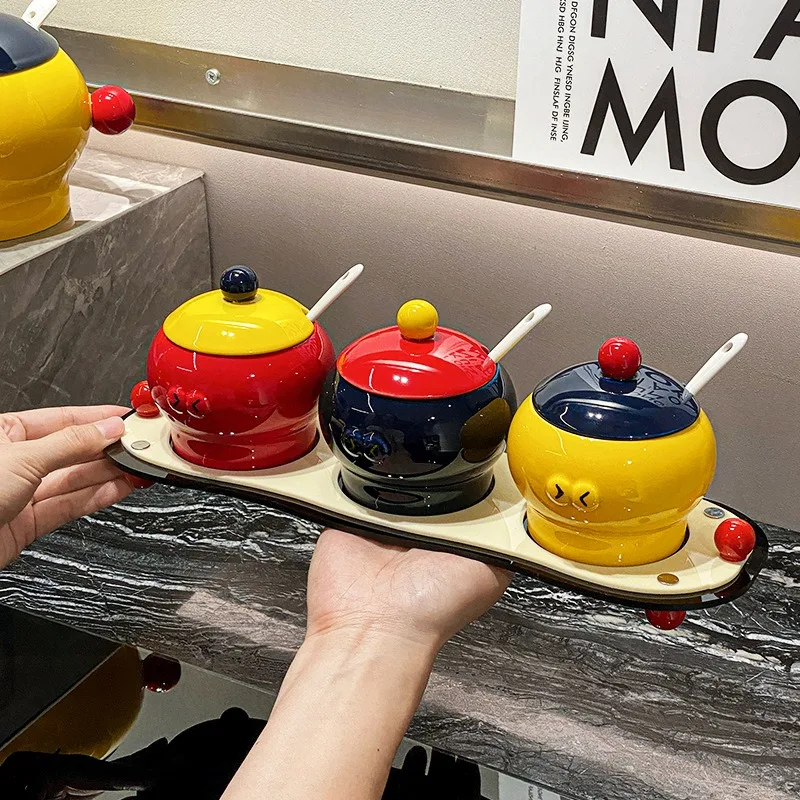 Korean Cartoon Ceramic Seasoning Jar Set Cute Chili Candy Jar Three-Piece Set Home Kitchen Decoration Ornaments Kitchen Tools