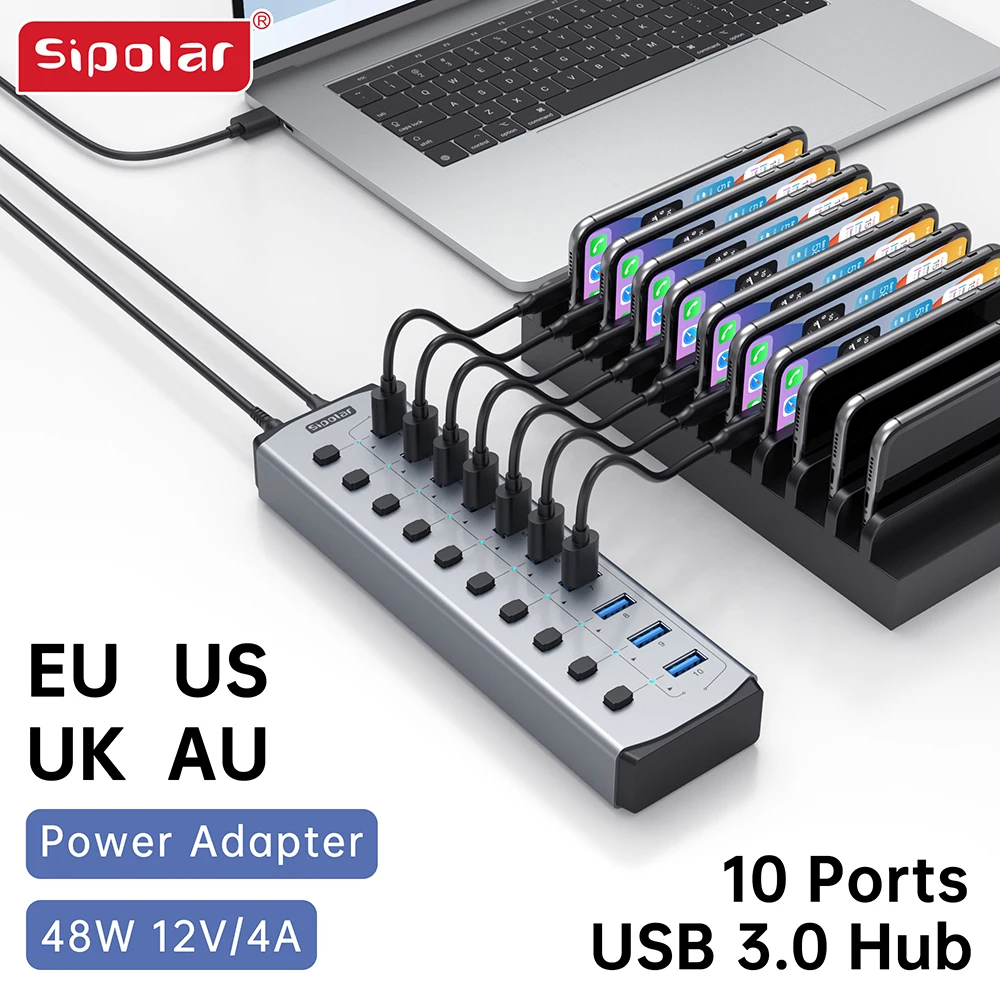 

USB3.0 Hub10 Ports with Independent Power Switch High Power Adapter Metal Case Laptop Peripheral Expansion Sipolar