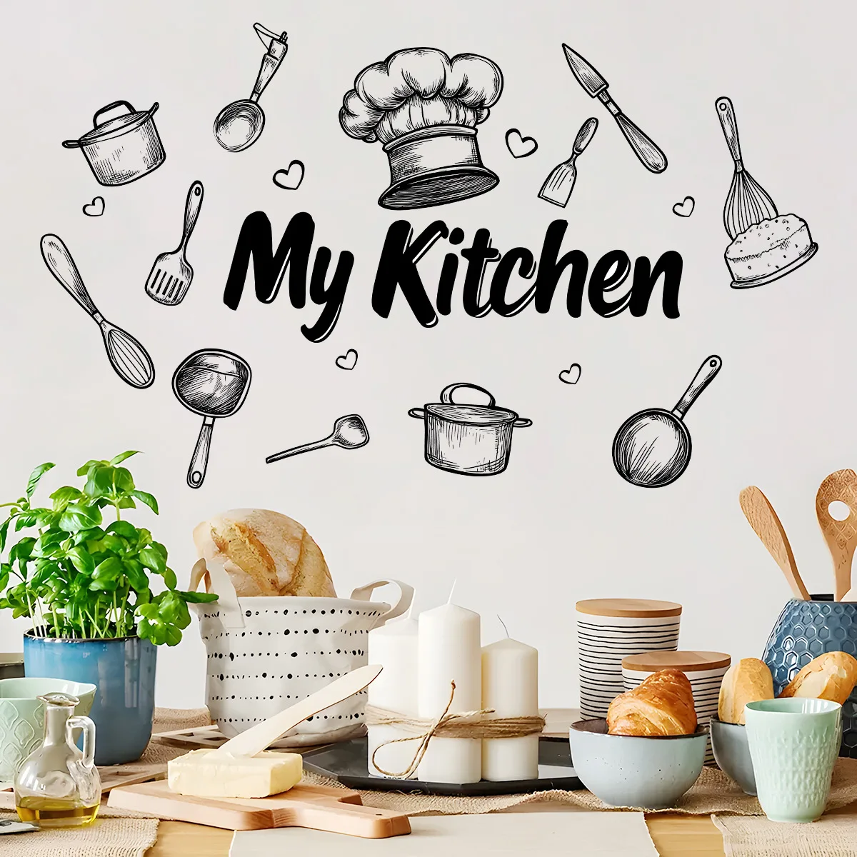 1 Piece Creative Kitchen Utensils Pattern Self-Adhesive Wall Sticker PVC Waterproof Home Decor Art for Kitchen Dining Room 2