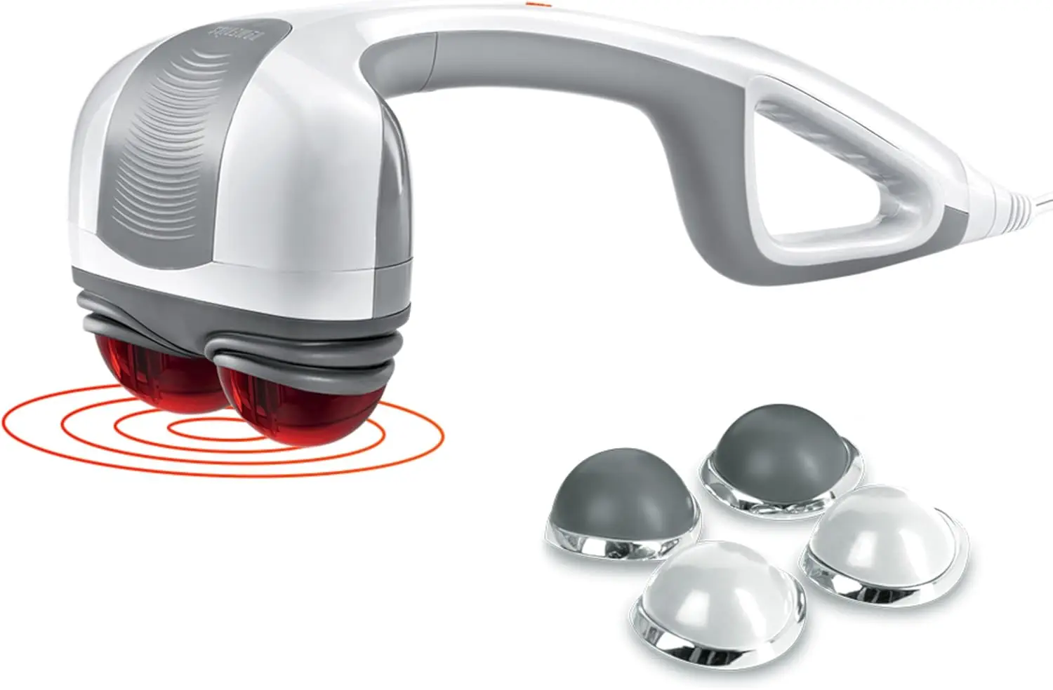 

Heated Percussion Massager with Dual Pivoting Heads, Interchangeable Nodes for Back, Neck, Body Relief