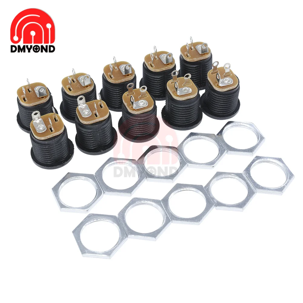 5/10 Pcs DC-022 5.5x2.1mm DC Power Socket Plug Jack DC Connectors Round Hole Screw Nut Interface Panel Mounting DC022 5.5-2.1