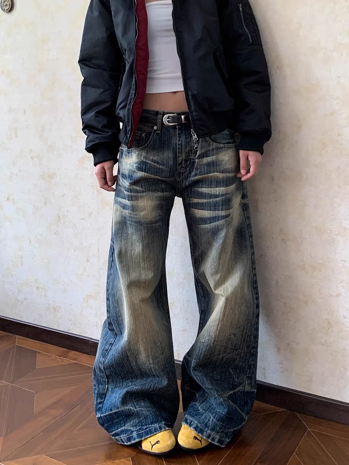 

Retro American Waed Lightning Pattern Loose Knife Jeans Straight Leg Wide Leg Pants for Men And Women Casual Summer Jeans