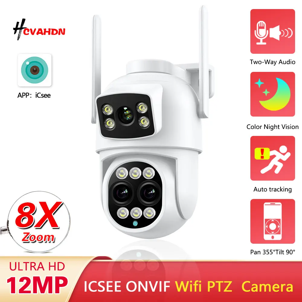 

12MP PTZ Wifi Camera Dual Screen 8X Digital Zoom Human Detection Outdoor Security Protection CCTV Surveillance IP Camera iCSee