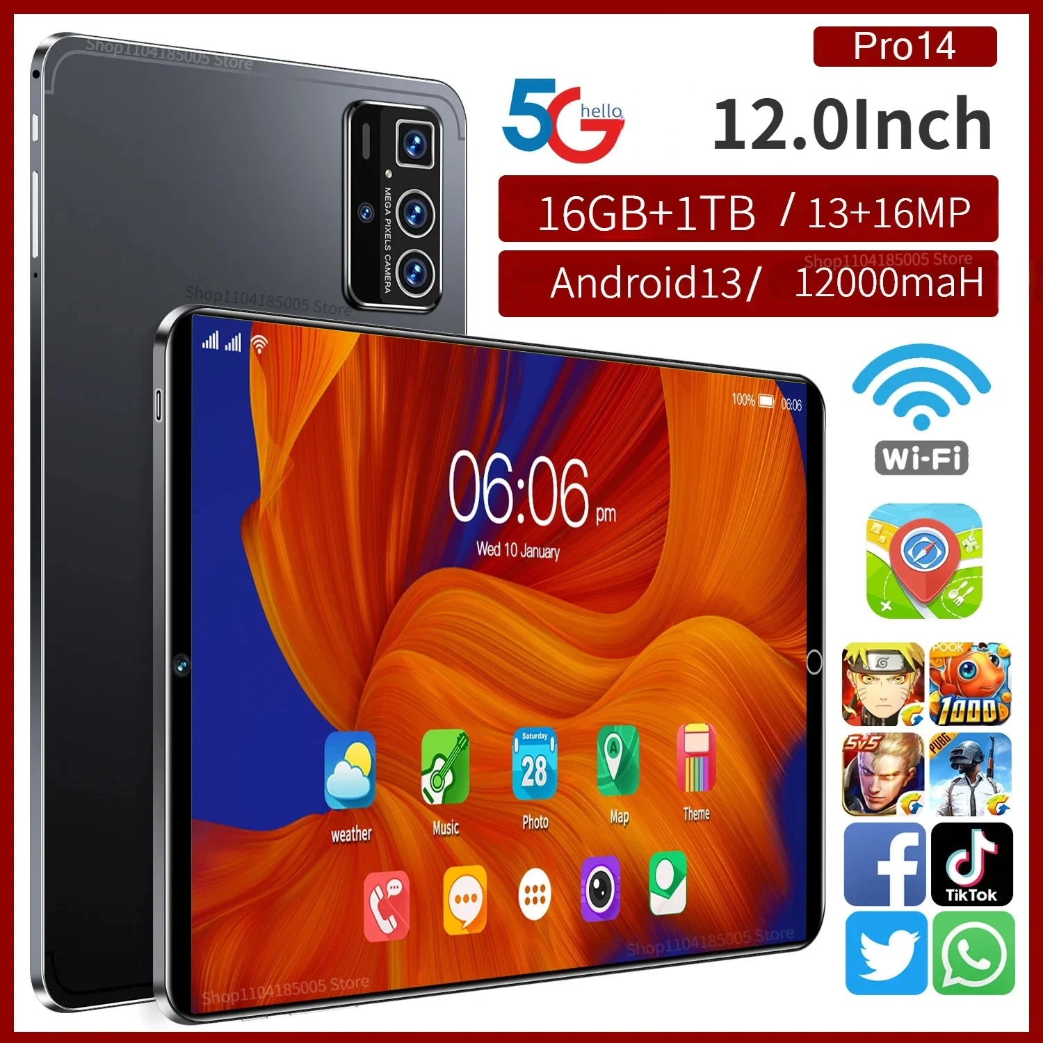 Original Pro14 Tablet PC 12Inch Android 14 Tablet 16GB+1T 12000mAh 5G Bluetooth 5.0 Travel Graphic WiFi Support Global Language