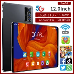 Oryginalny Tablet PC Pro14 12 cali Tablet z systemem Android 14 16 GB + 1 T 12000 mAh 5G Bluetooth 5.0 Podróżny graficzny WiFi Obsługa języka globalnego