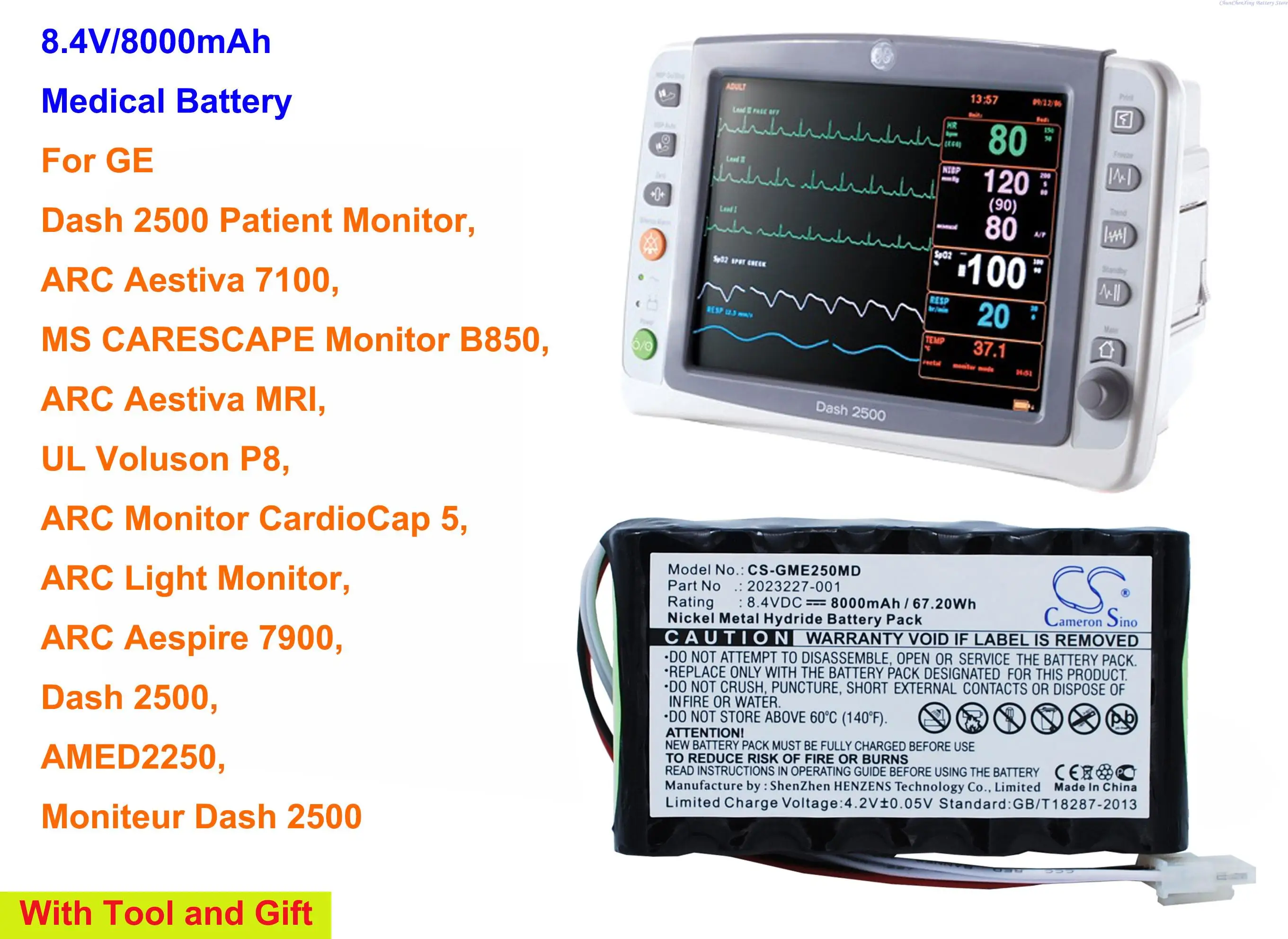 

8000mAh Medical Battery for GE Dash 2500 Patient Monitor, ARC Aestiva 7100,ARC Aespire 7900, AMED2250, CardioCap 5