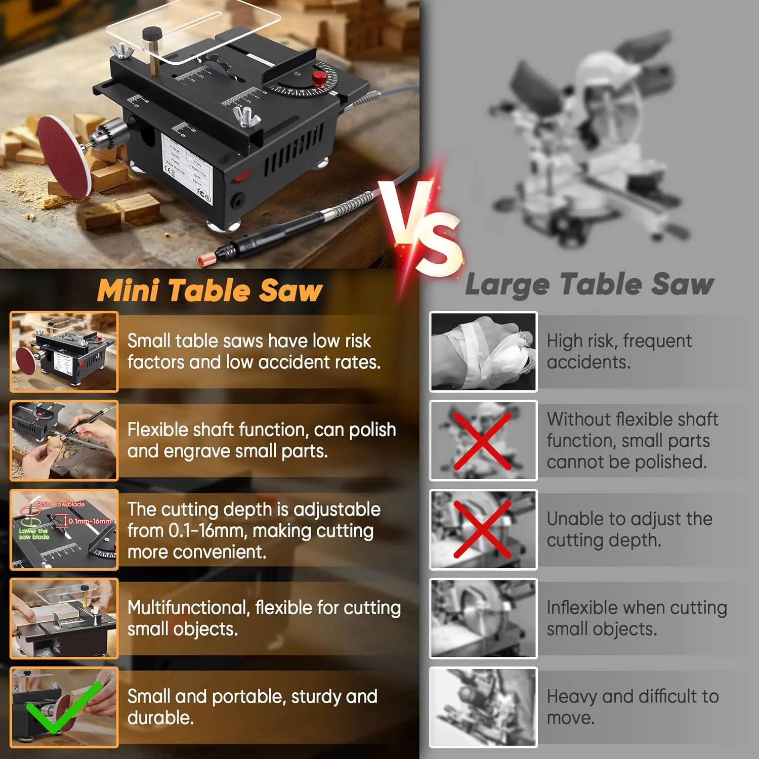 

Mini Table Saw, Mini Multi-Functional Table Saw for Crafts, Speed & Angle Adjustable, Cutting | Sanding | Engraving