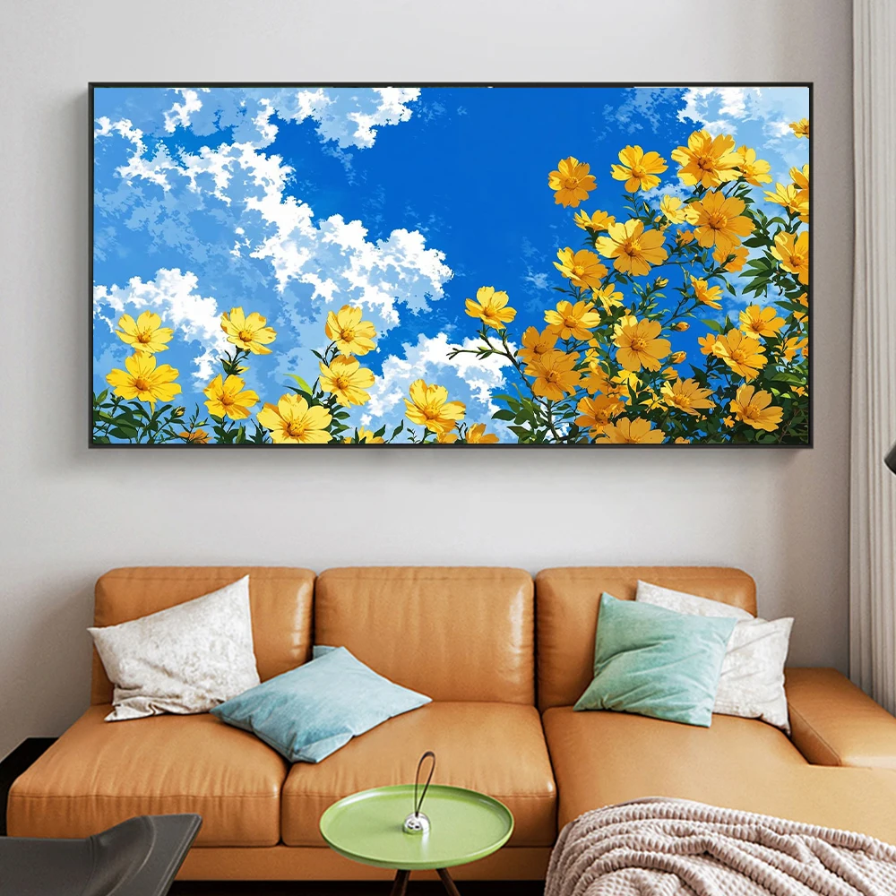 المناظر الطبيعية قماش جدار الفن بحيرة الغابات الجبلية مشهد اللوحة السماء الزرقاء الغيوم البيضاء والمراعي المشارك طباعة ديكور المنزل