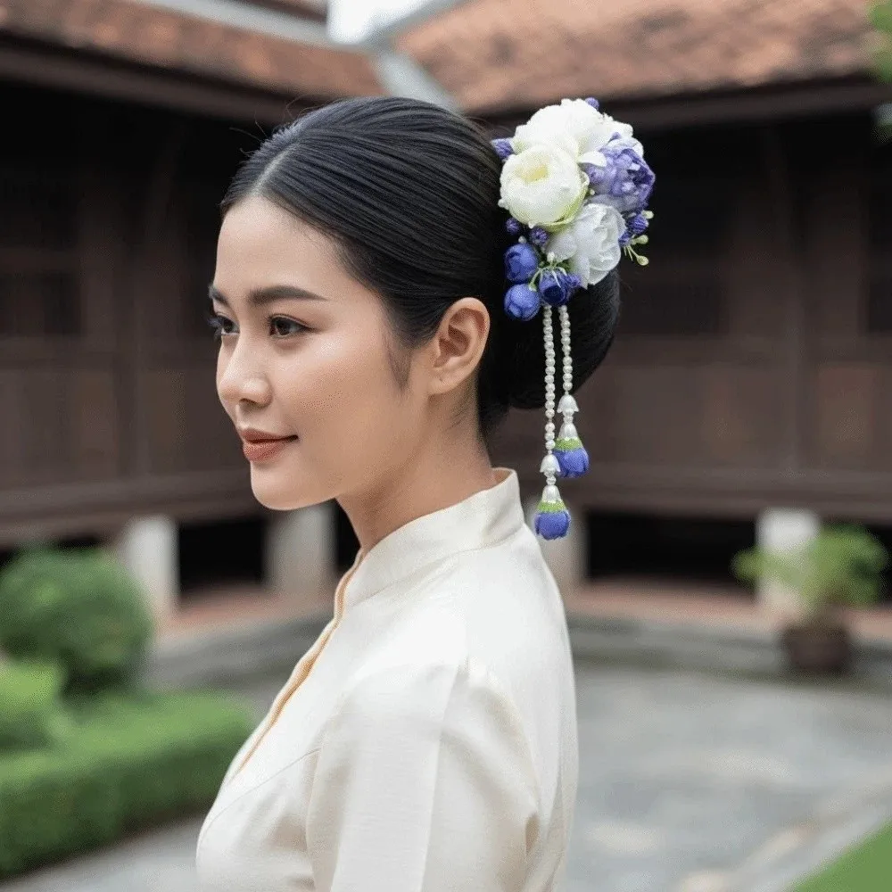 Handmade Sweet Flowers Hairpin with Tassels Thai Style Floral Headwear Tulip Hair Comb Plastic Cloth Chignon Hair Clips Party