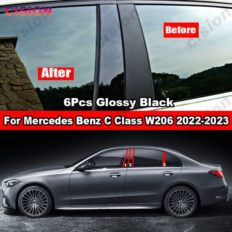 메르세데스 벤츠 C 클래스 W206 세단 2022 용 광택 블랙 윈도우 도어 칼럼 B C 필러 포스트 커버 트림, 탄소 섬유 미러 효과