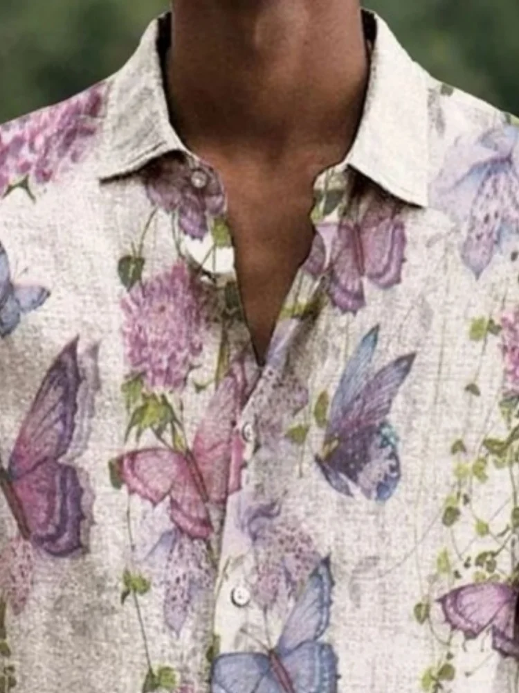 Men's Tops Holiday Trendy Hot Sale Oil Painting Floral & Butterfly Patterned Vintage Art Print Casual Loose Long Sleeve Shirts