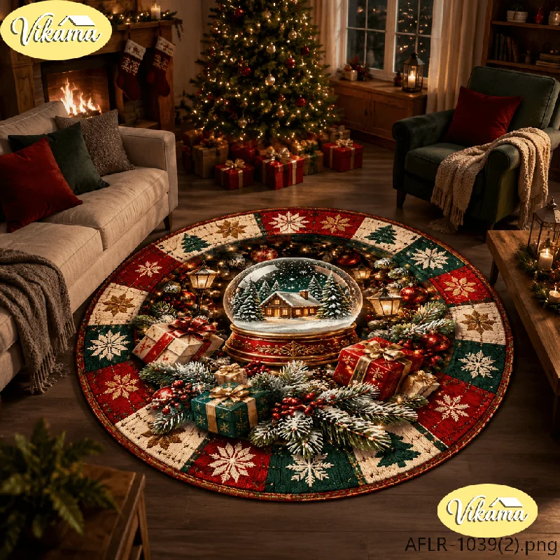 VIKAMA Christmas Decorative Round Rug Non Slip Easy Care Living Room Carpet Washable Bedroom Bedside Rug Cozy Festive Home Decor