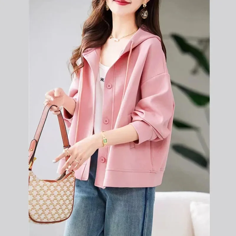 Leisure Sports Hooded Jacket Women\'s 2023 Spring and Autumn New Loose Joker Age-reducing Cardigan Baseball Uniform Top