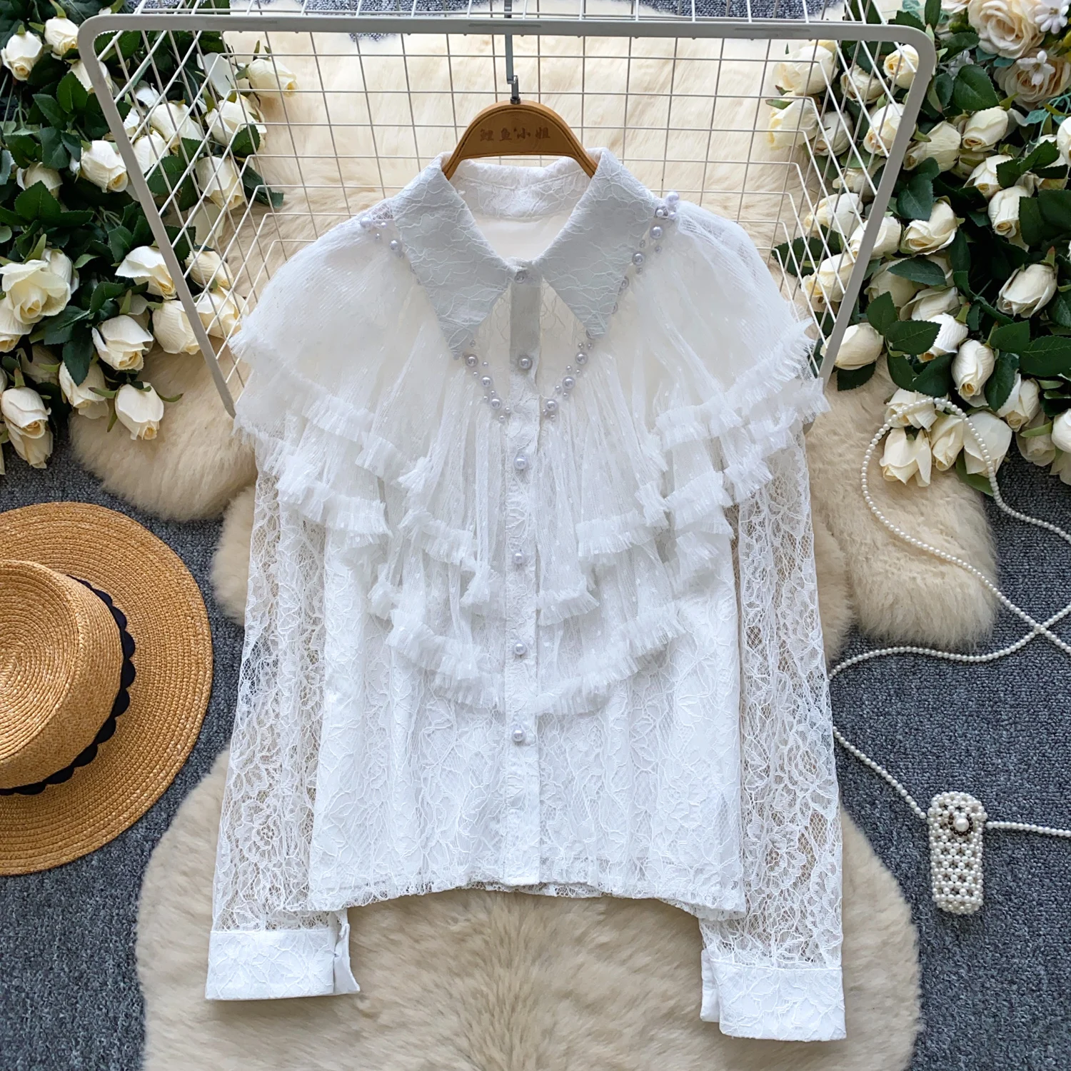 

Vintage Elegant ruffle Beading long sleeve Blouse Fashion Shirt Chic Top Fairy autumn women clothing
