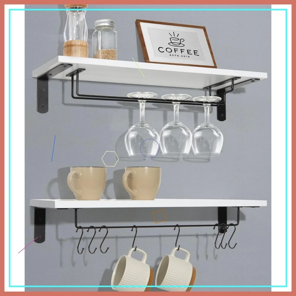 

20 Inch Floating Wall Shelf with Hooks for Mugs and Glasses, Set of 2, Easy Install