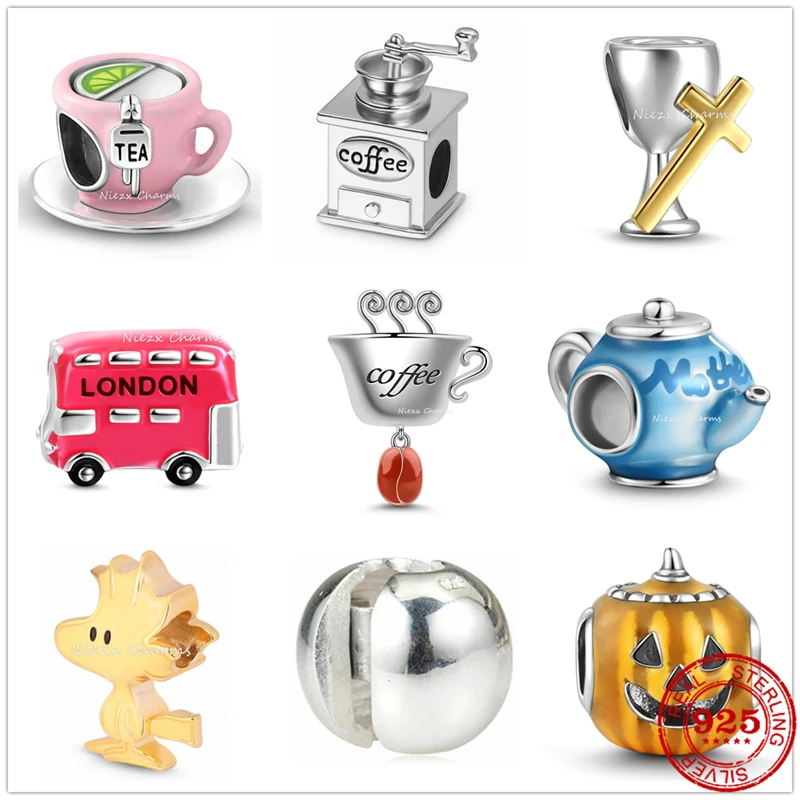 925 Sterling Silver London Bus Hand Grinder Coffee Tea Cross Cup DIY Bead Fit Original Pandora Charm Bracelet Jewelry 2023 New