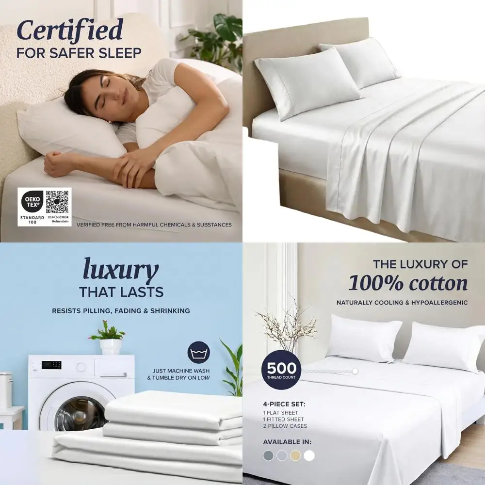 

100% Cotton Luxury 500-Thread Count Sateen Sheet Set with Deep Pockets, Moisture-Wicking, 4-Piece, White