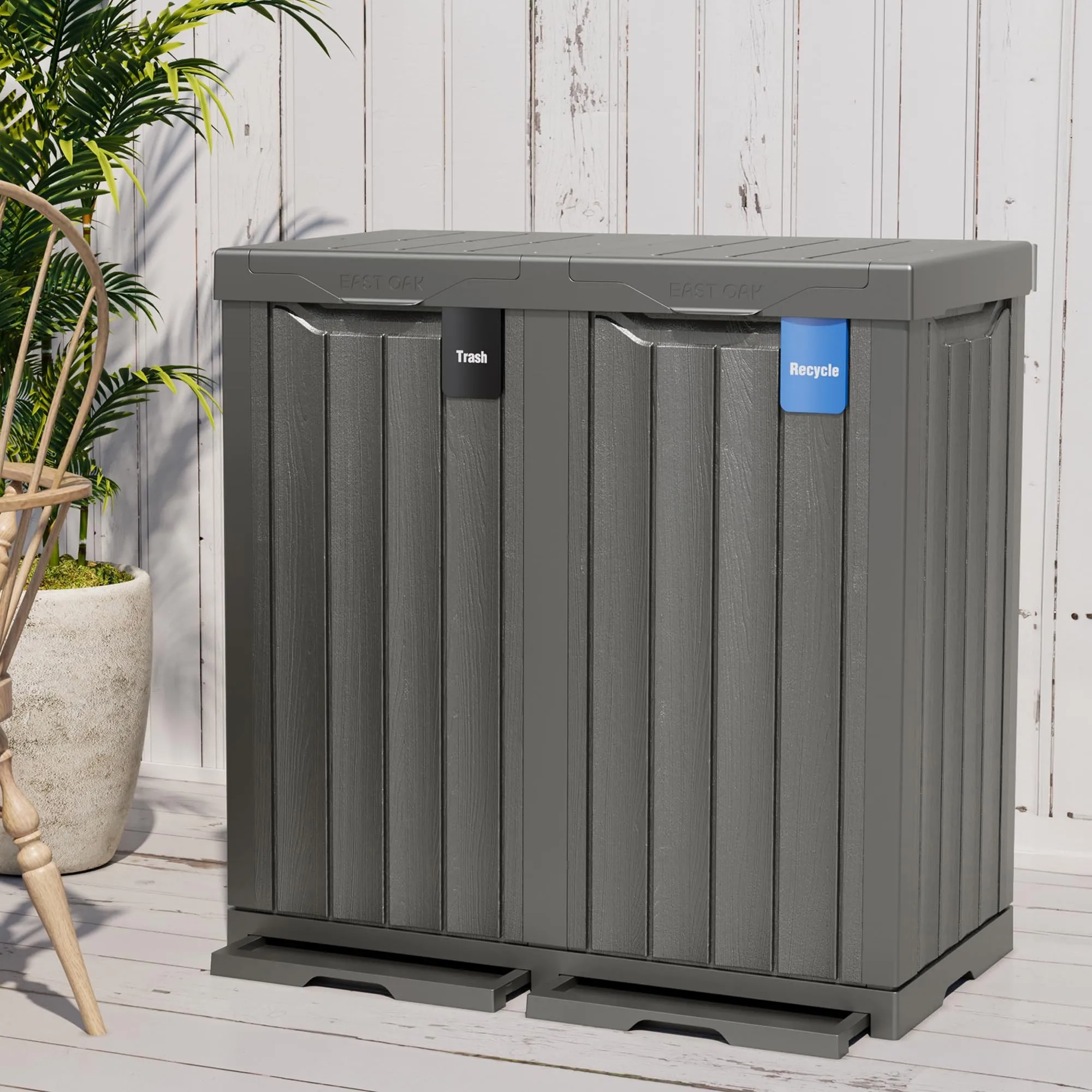 62 Gallon Resin Trash Can with Recycle & Garbage Labels, Bag Lip Lock & Drip Tray, Waterproof Indoor Outdoor Bin for Kitchen, Patio, Backyard & Deck