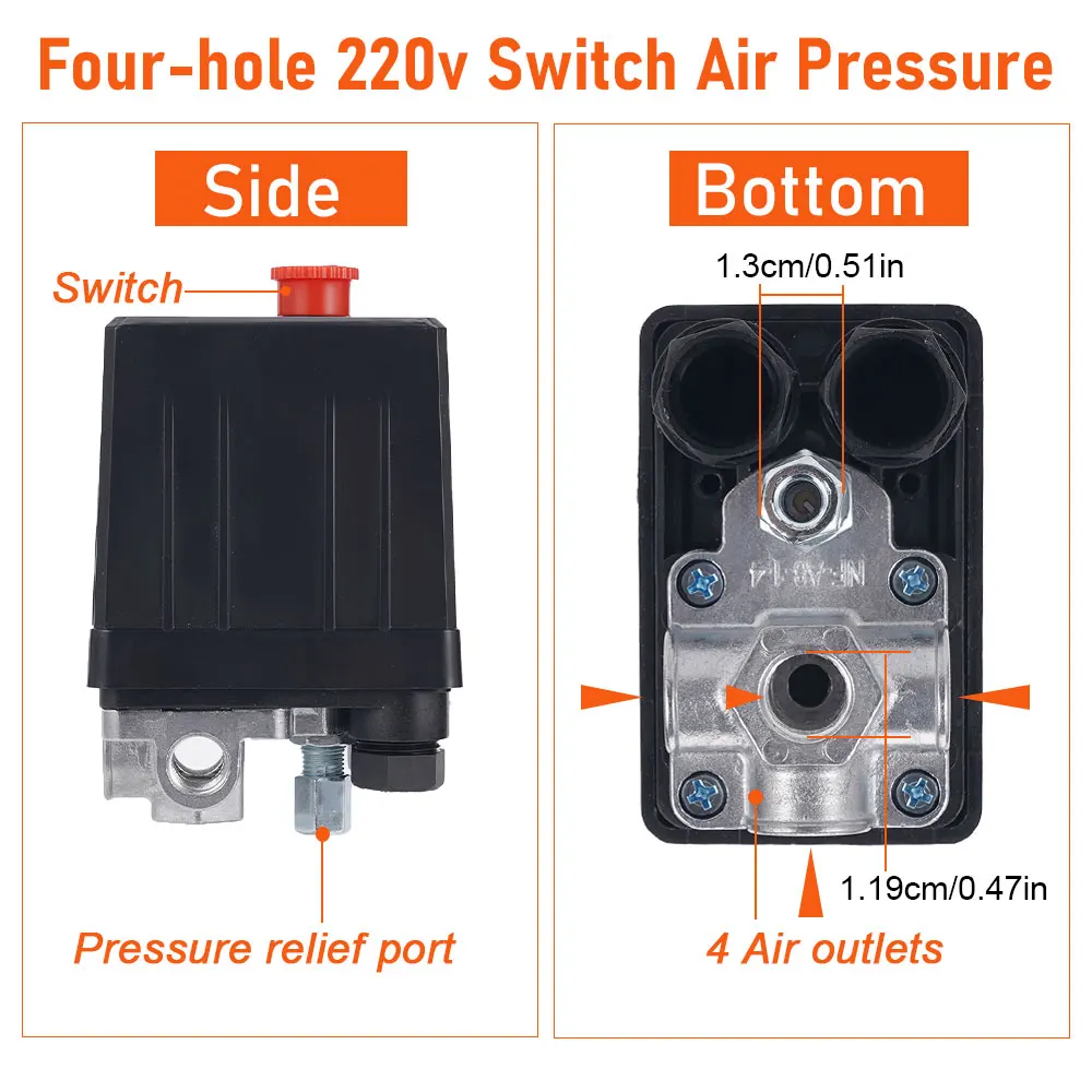 90-120PSI ضاغط الهواء مفتاح ضغط صمام التحكم المنوع منظم مقاييس صمام الأمان 1/4 "BSP أجزاء ضاغط الهواء #6