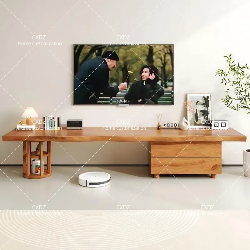 Solid Wood TV Cabinet Japanese Style Log Floor Storage Unit for Small Apartment Living Room Nordic Industrial Design Home