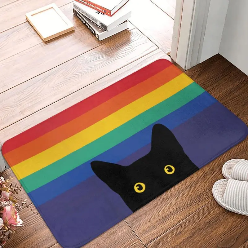 

Custom Peeking Cat In Rainbow Circle Doormat Non-Slip Entrance Bathroom Kitchen Door Floor Mat LGBT Gay Pride Garden Carpet Rug