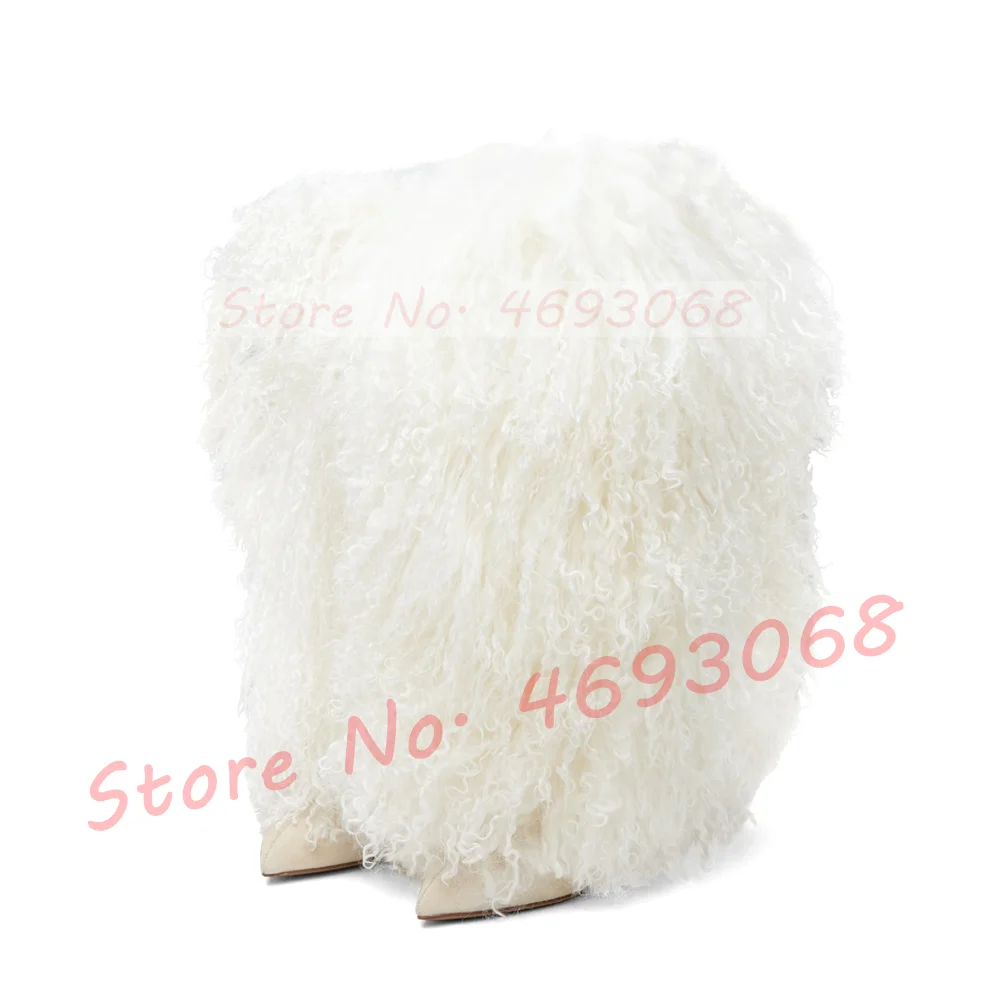 

Ботинки до середины икры из натурального меха, женские модные зимние зимние туфли на высоком каблуке с острым носком, женские роскошные белые меховые сапоги на шпильке