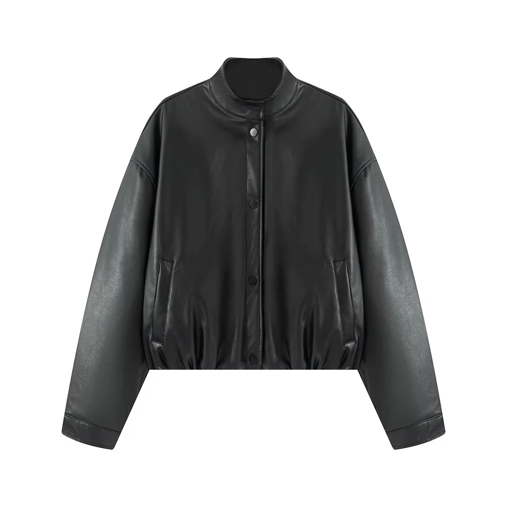 

Женская осенняя новинка, свободная черная куртка в корейском стиле с воротником-стойкой, пальто из искусственной кожи