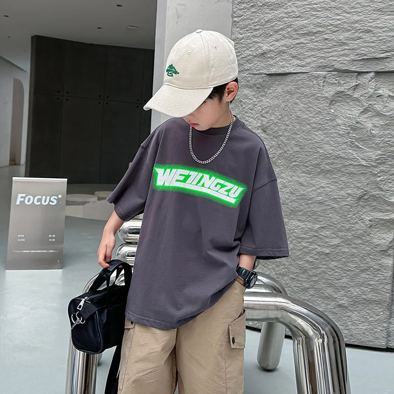 

Fashion Brand Loose Children's Cotton Half SleeveTSummer T-shirt2024New Boys' Short Sleeve T-shirt Middle and Big Children's Hal