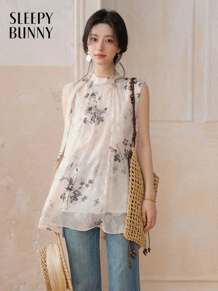

Women Ink Print Chiffon Blouse Sleeveless Stand Collar Top Elegant Loose Fit Shirt Lightweight Summer Chinese Style Outfit Lady