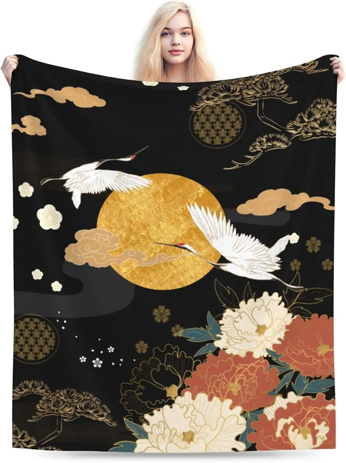 Oriental Vintage Flying Cranes Golden Cloud Peony Pine Traditional Pattern Comfortable Fleece Blanket Fit Sofa Bed Elegant