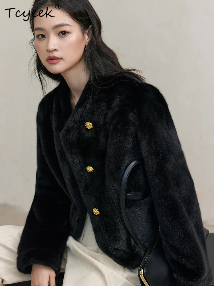 Tcyeek 本物のウール 秋冬 ハイエンド トレンド ミンクファー ブラック カジュアル レディース ウール シアリング ファーコート ファー婦人服