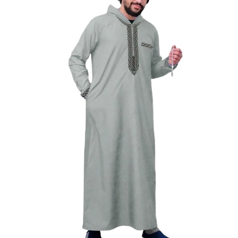 Long Sleeve Casual Abaya Muslims Dress Moroccan Ramadans Gown Shirt for Men Gift