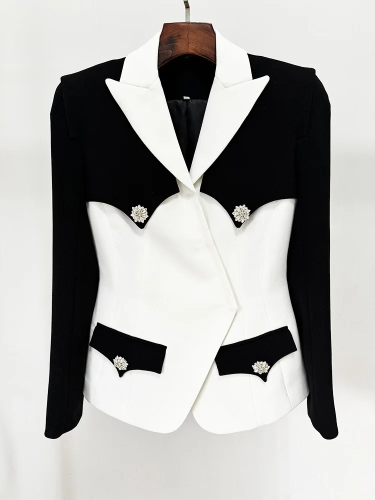 Black White Block Color Jacket Outfit for Women 2024 New Designer Fashion Contrast Slim Fit Diamond Button Suit Jackets Coat