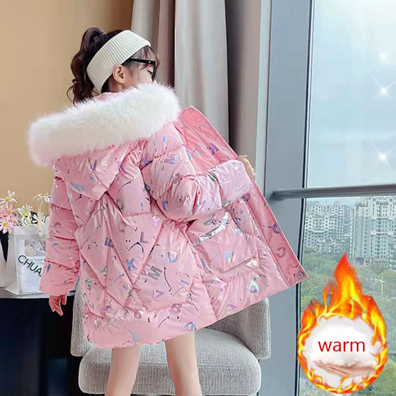 Winter Children's Cotton Padded Coat Solid Color Medium Long Down Jacket Girls Thicken Warm Kids Fur Hooded Parka Clothes