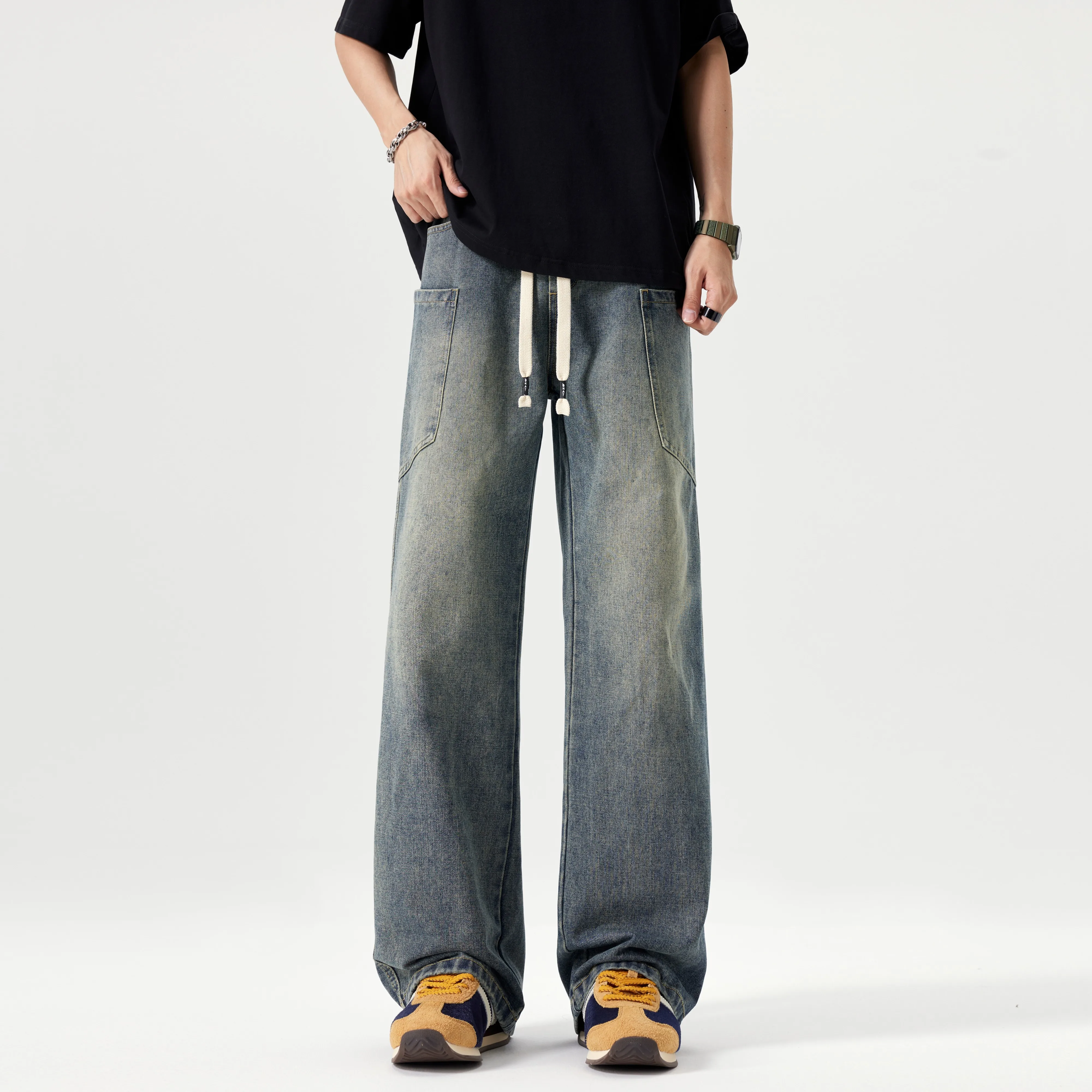 

Men's Fashion Jeans Soft Elastic Waistband Loose Straight Leg & Reinforced Waist Rope Perfect for Casual or Work (M-4XL) ﻿