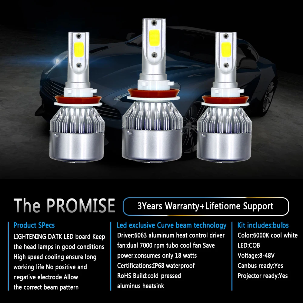 2Pcs H11 H8 H9 Led Headlight Bulbs H7 LED Car Lights H4 880 HB3 9005 HB4 9006 H13 6000K 72W 12V 8000LM Auto Headlamps