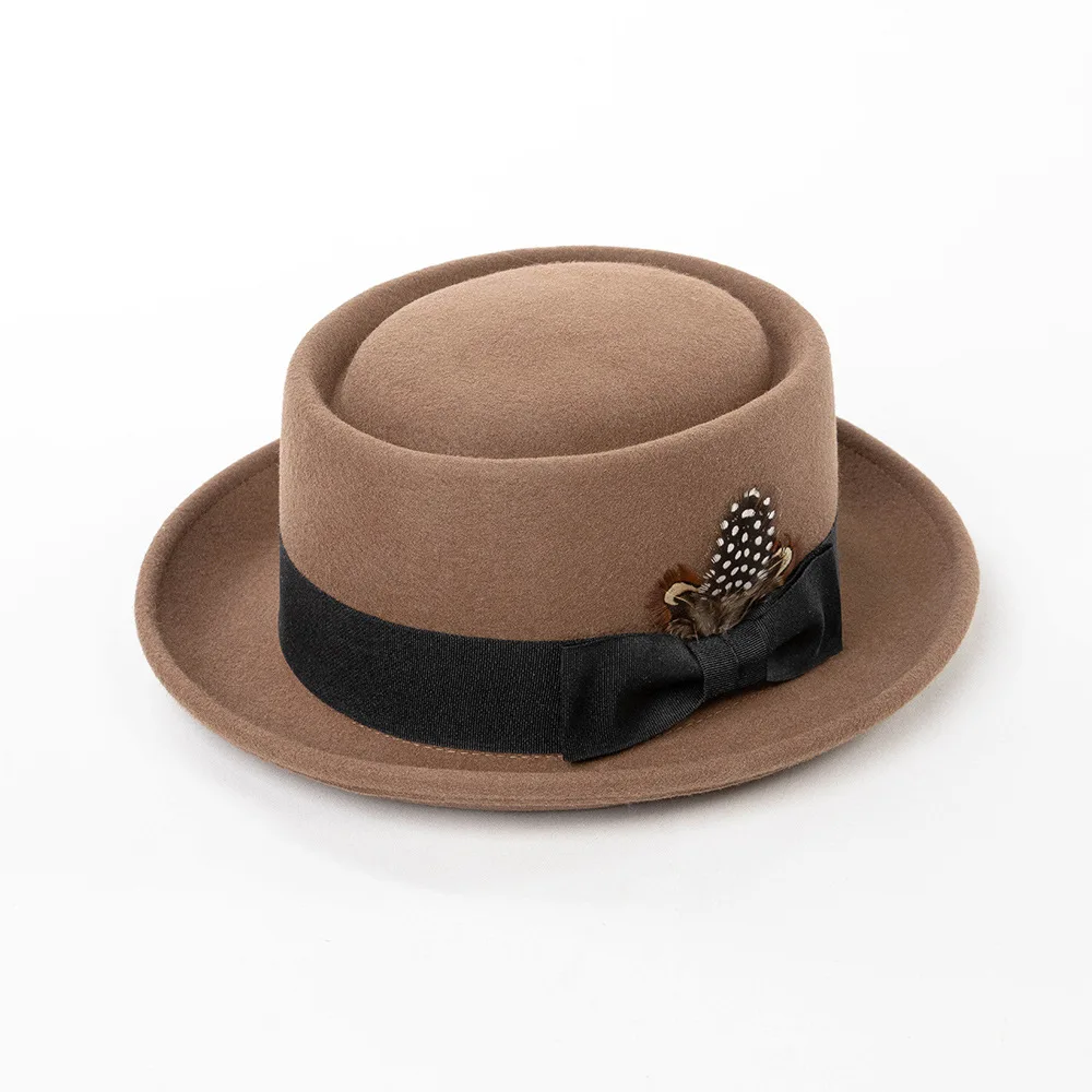 

Fashion Casual Feather Ribbon Bowknot Round Top Flat Brim Wool Small Hat Outdoor Insulated Felt Hat
