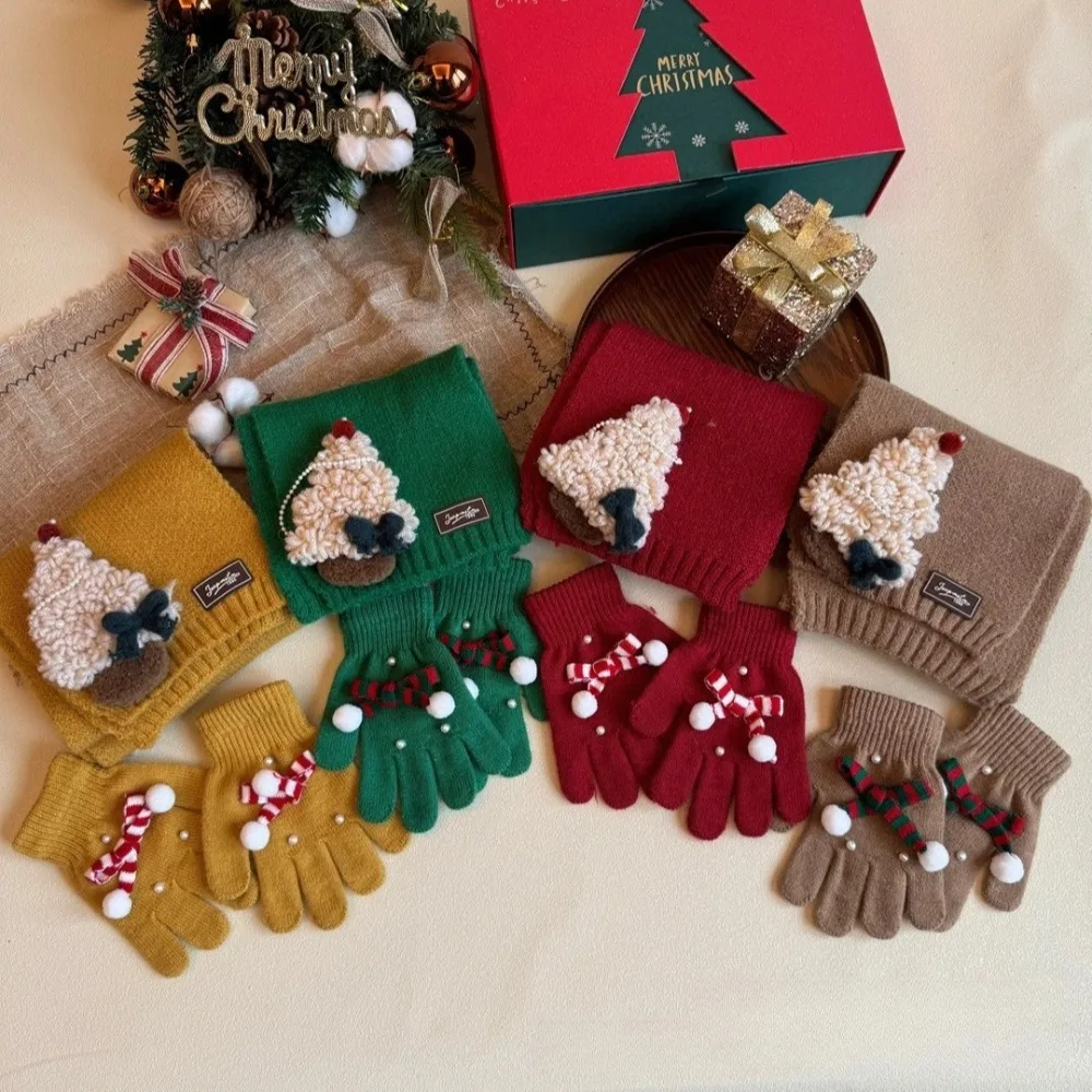 

Детский зимний комплект из 2 предметов, шарф, перчатки, теплые вязаные рождественские новогодние перчатки с пятью пальцами, морозостойкие детские аксессуары